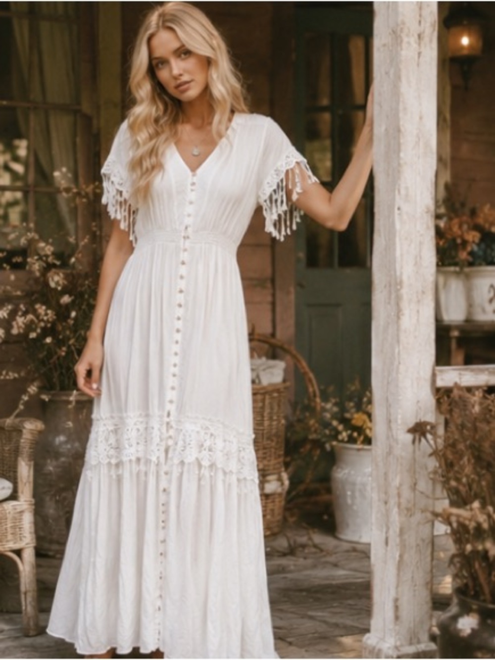 Jaase White Boho Maxi Dress L Crochet Lace Button Front Cottagecore Festival